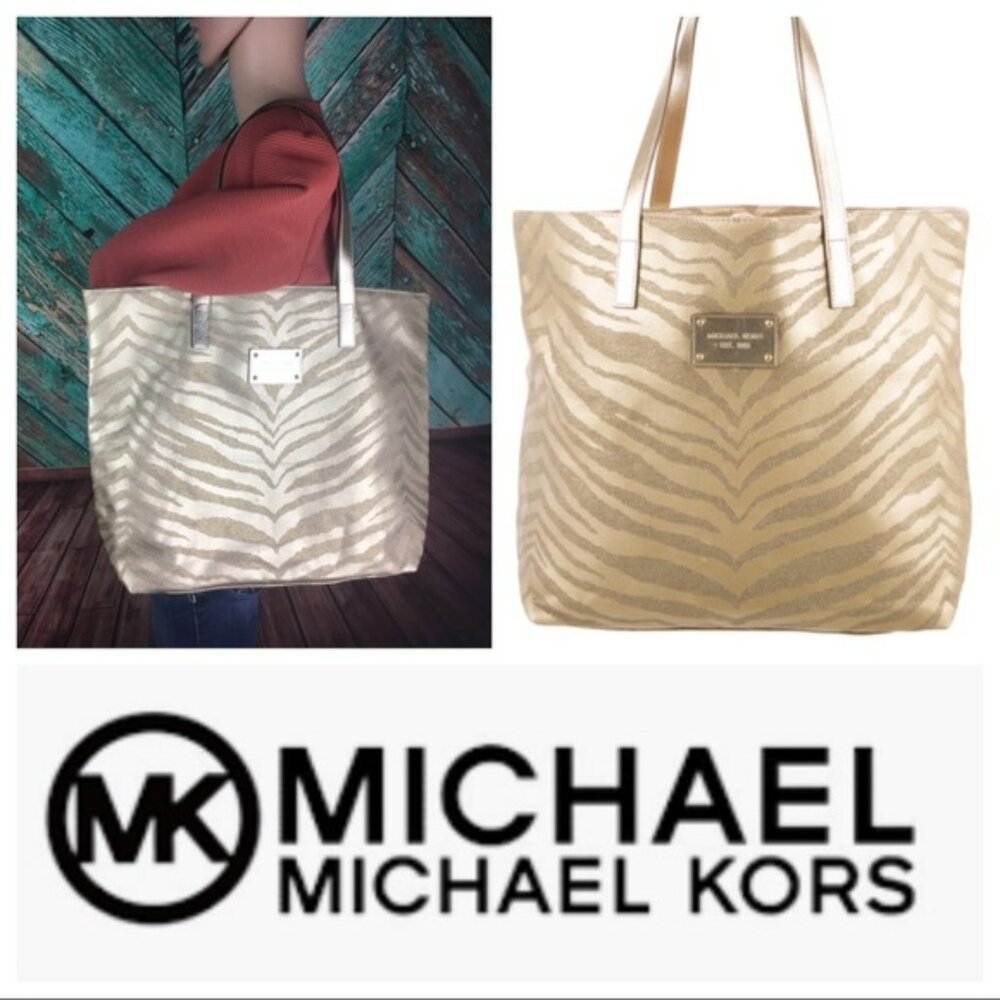 Canvas Michael Kors Gold Tan Metallic Tiger Zebra Animal Print Shoulder Tote Bag - Picture 4 of 6